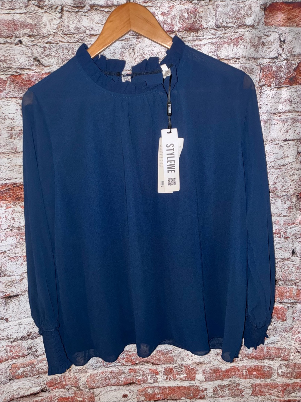 STYLEWE Navy Ruffle-Trim Long Sleeve Blouse